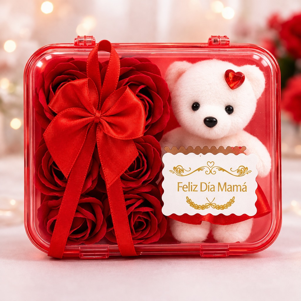 REGALO CAJA OSO DIA DE LA MADRE ROJO