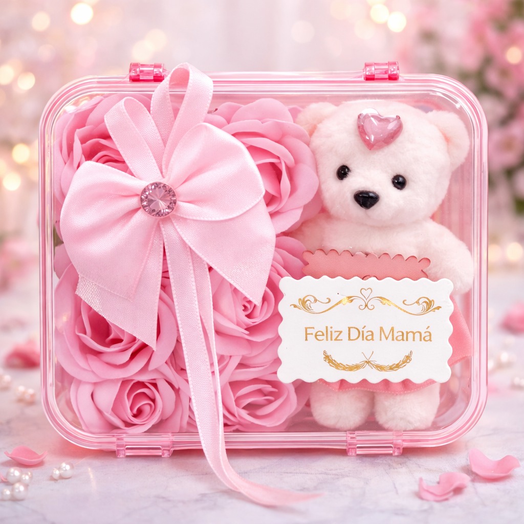 REGALO CAJA OSO DIA DE LA MADRE ROSA