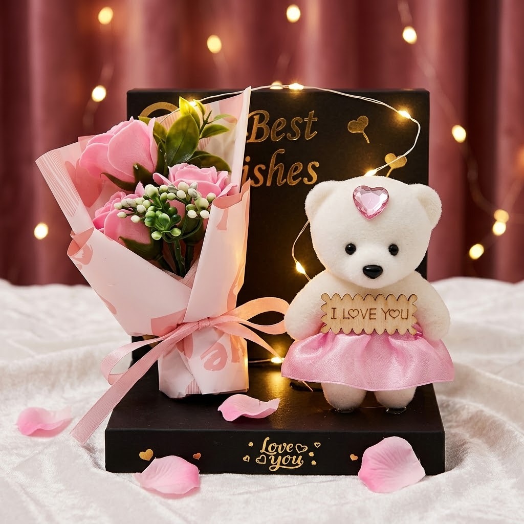 FLORES ARTIFICIALES CON PELUCHE Y ESTUCHE ACETATO Y LUZ