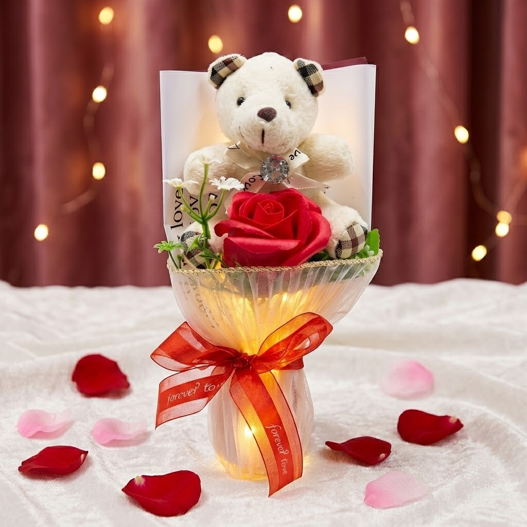 FLOR ARTIFICIAL CON PELUCHE Y ESTUCHE ACETATO Y LUZ 416